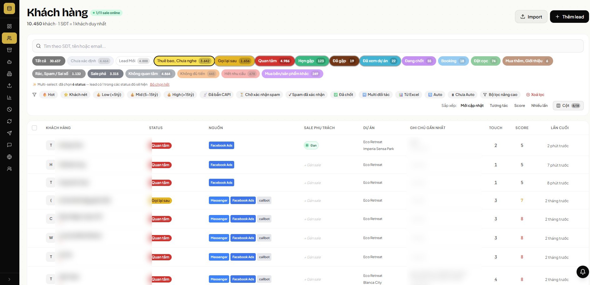 Giao diện CRM bất động sản mẫu do Adzio thiết kế — màn hình quản lý khách hàng với bộ lọc trạng thái, nguồn lead, sale phụ trách và điểm số